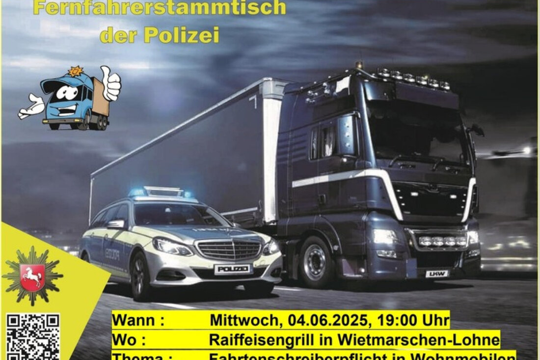 Am 4. Juni um 19:00 Uhr lädt die Polizei zum Fernfahrerstammtisch in Wietmarschen-Lohne ein. Themen sind unter anderem Fahrtenschreiberpflichten.