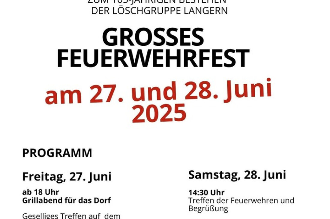 Die Löschgruppe Langern feiert am 27. und 28. Juni ihr 105-jähriges Bestehen mit Festen, Feuerwehrwettkämpfen und Familienaktivitäten.