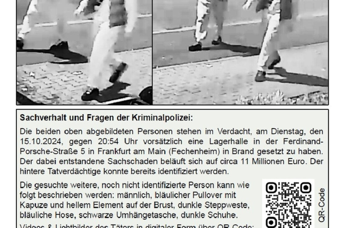 Die Staatsanwaltschaft Frankfurt und das Polizeipräsidium suchen nach einem Brandstifter in Fechenheim. Hinweise erwünscht!