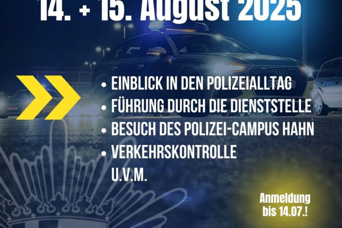 Erleben Sie die Schnuppertage der Polizei Boppard am 14.-15. August 2025. Informieren Sie sich über den Polizeiberuf!